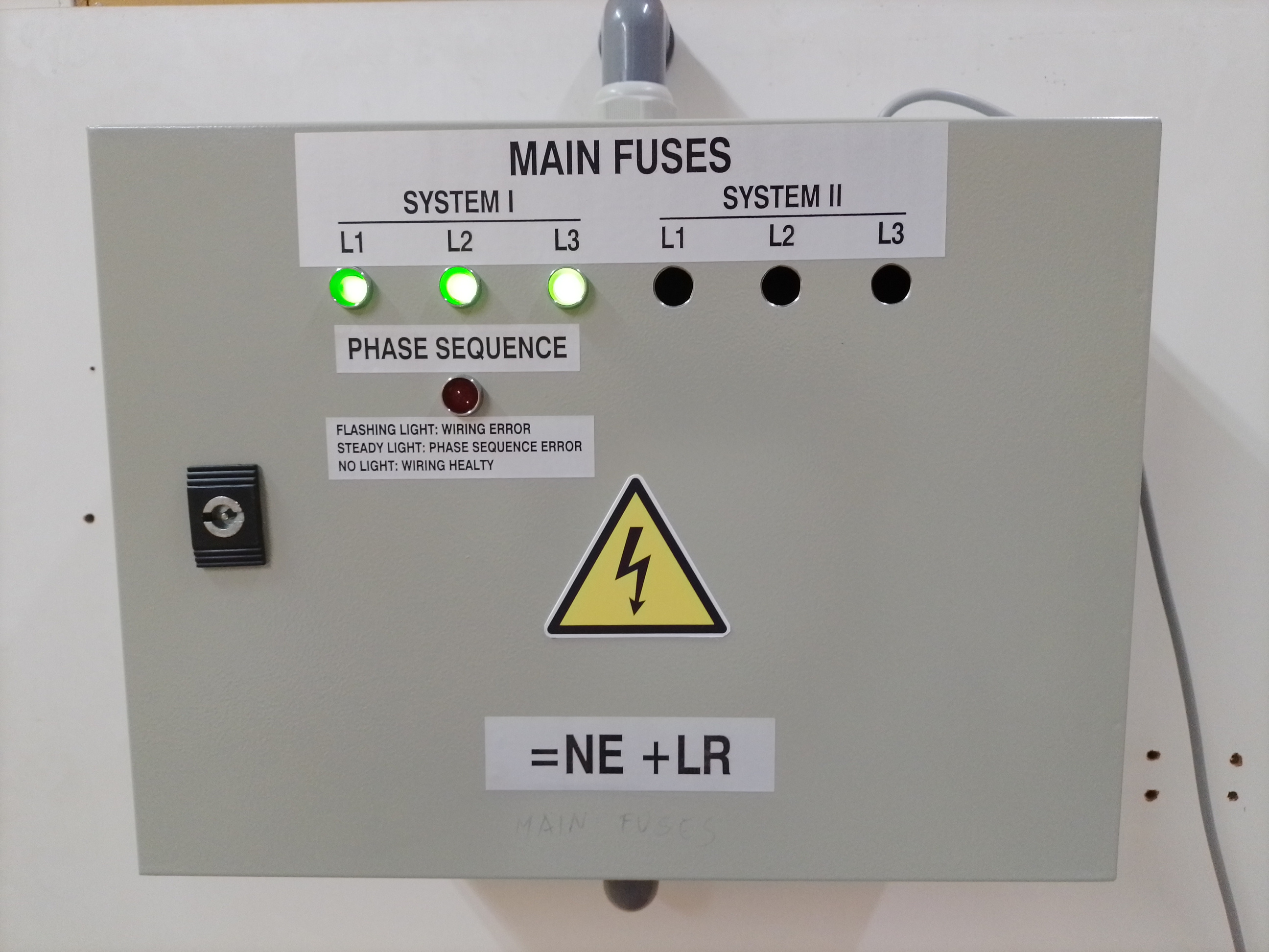 FC4-Fuse Panel Puzzle front face, showing System I and II phase LEDs and the phase sequence warning light
